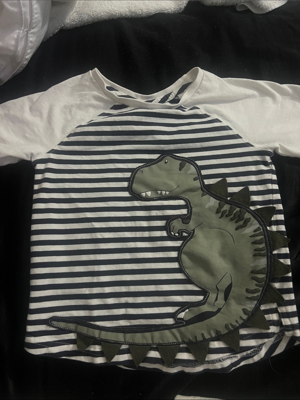 Kids White & Navy Striped Short Sleeve Tee with Olive Dino Applique